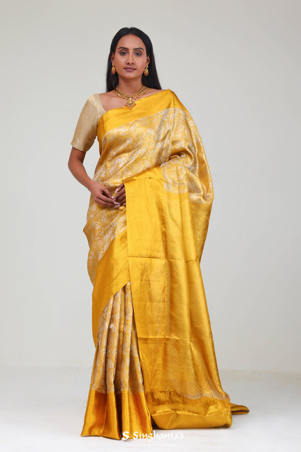 Bright Gold Kanjivaram Silk Jaal Saree