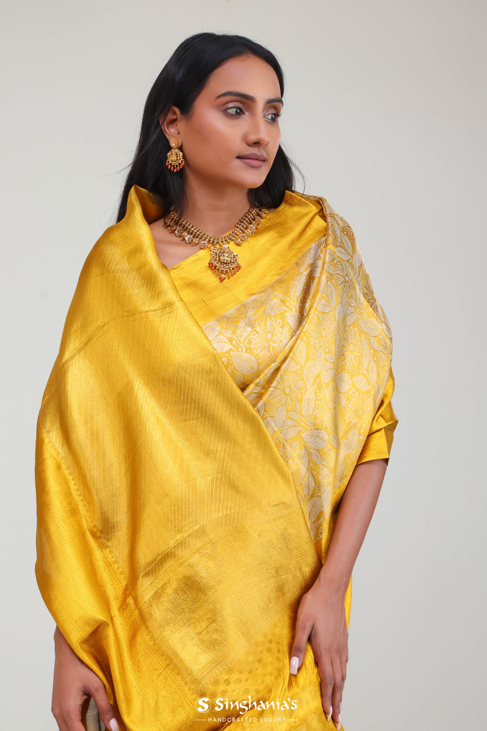 Bright Gold Kanjivaram Silk Jaal Saree