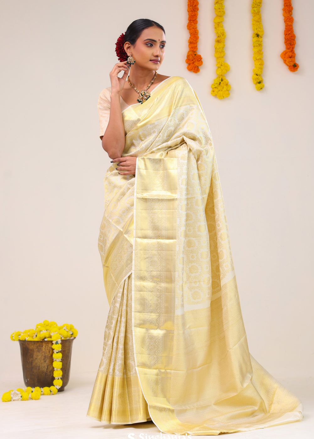 Ivory White Heritage Kanjivaram Silk Saree