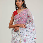 Vivid White Jaali Crafted Organza Saree