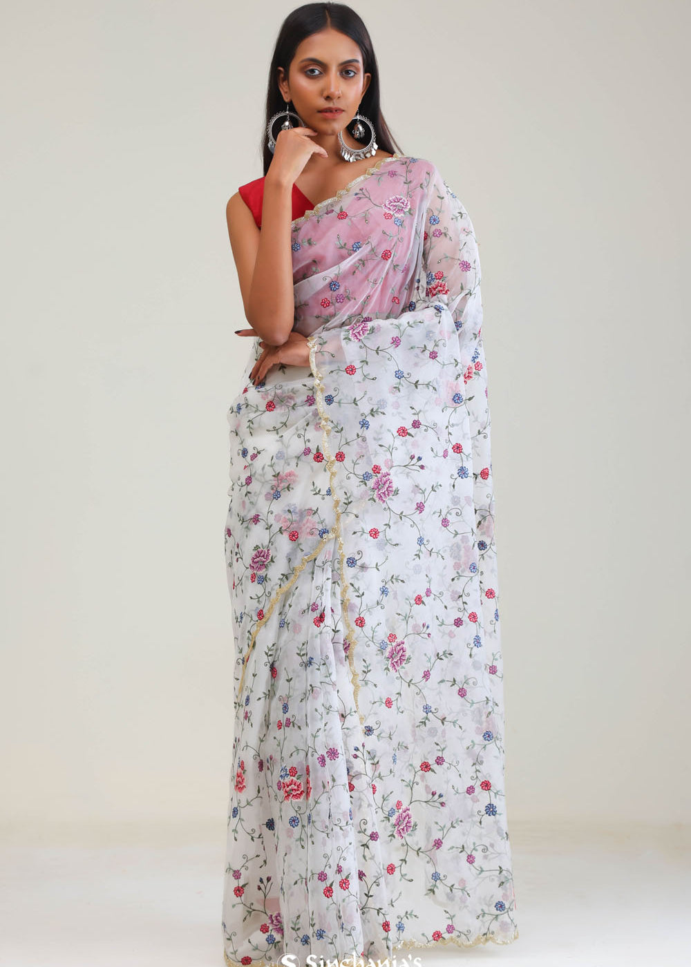 Vivid White Jaali Crafted Organza Saree