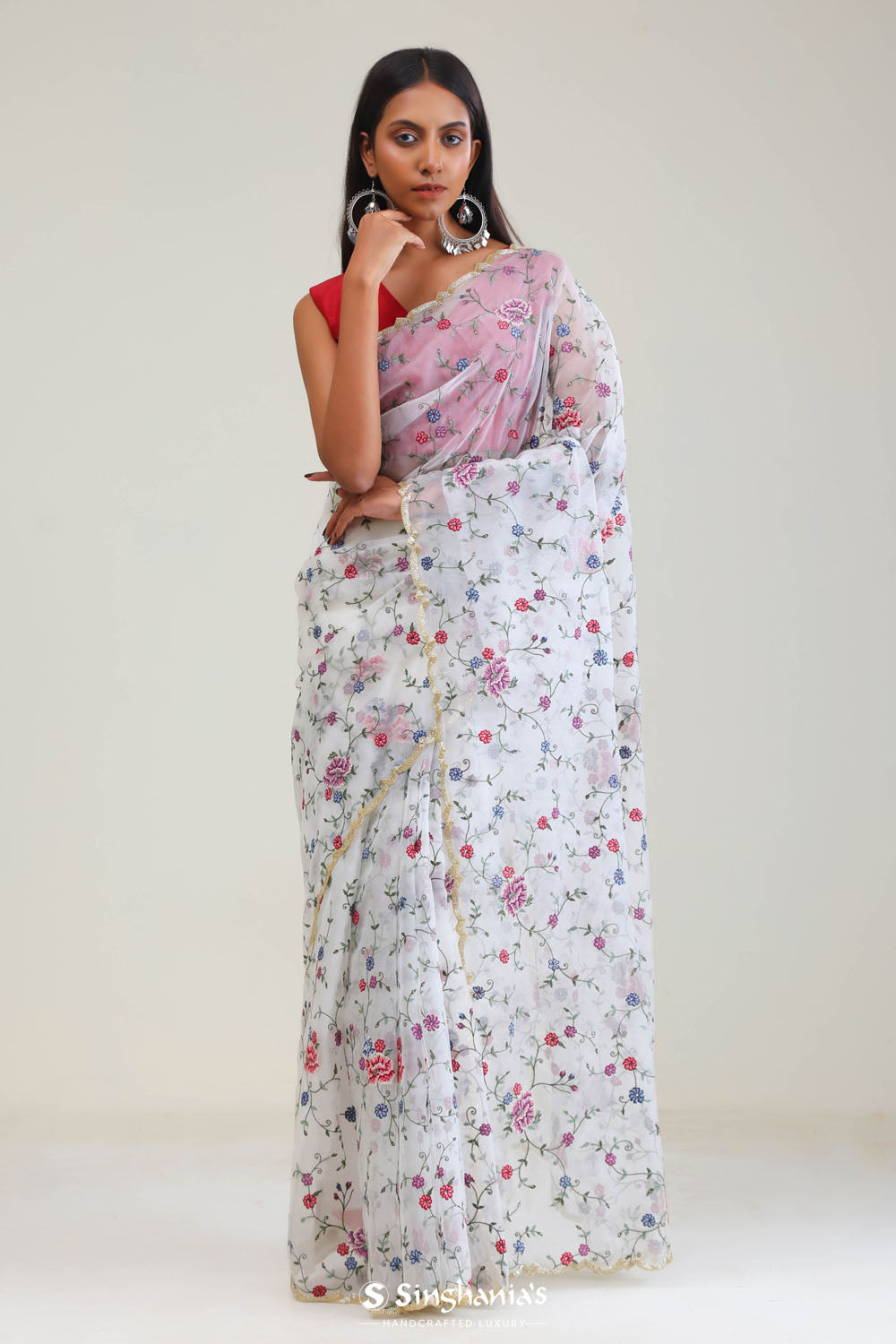 Vivid White Jaali Crafted Organza Saree