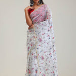 Vivid White Jaali Crafted Organza Saree