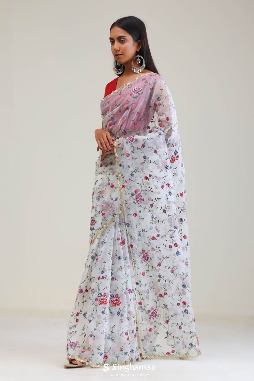 Vivid White Jaali Crafted Organza Saree