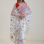 Vivid White Jaali Crafted Organza Saree