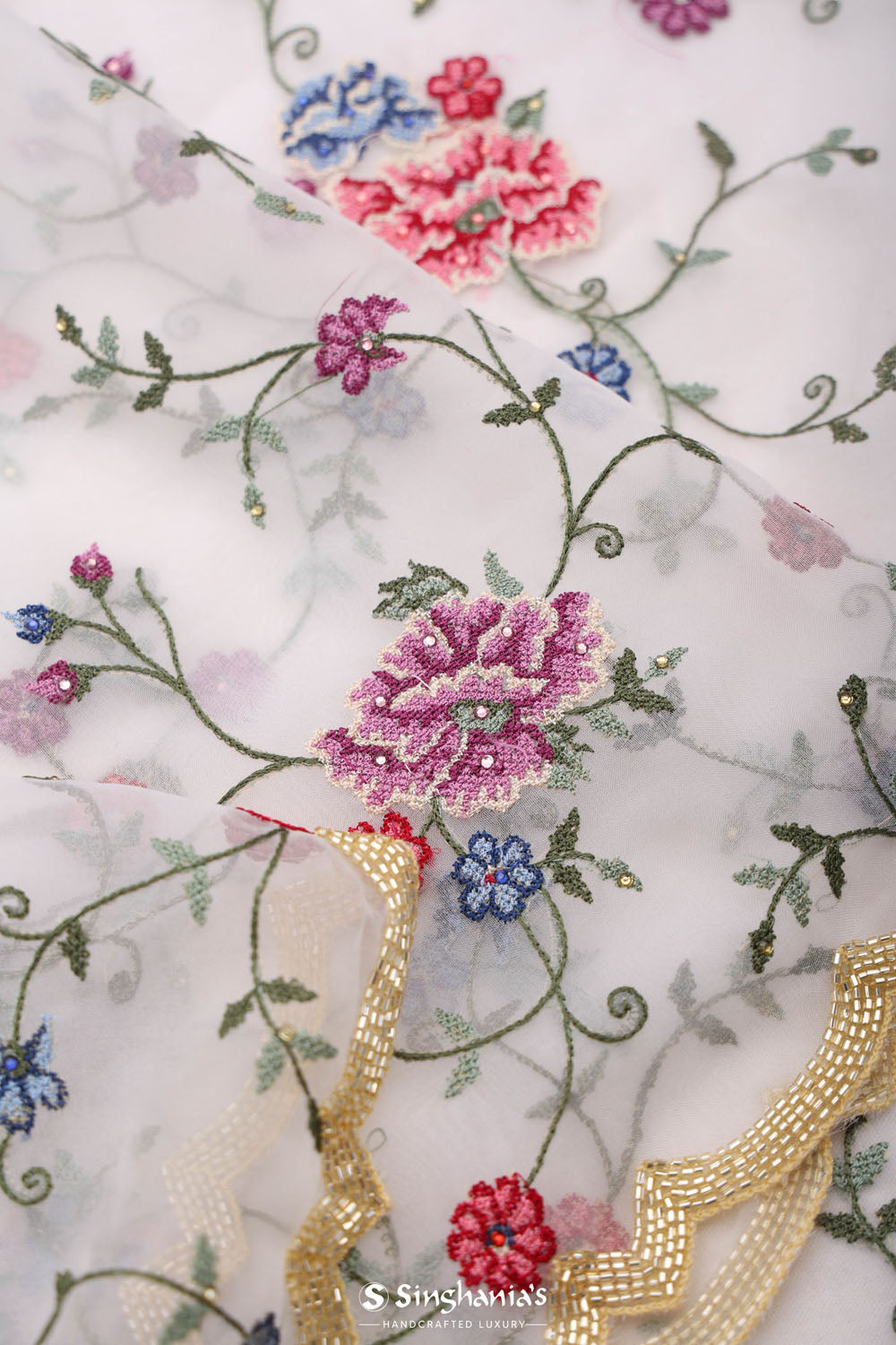 Vivid White Jaali Crafted Organza Saree