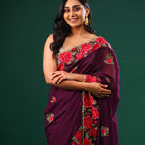 Byzantium Purple Georgette Saree With Floral Embroidery