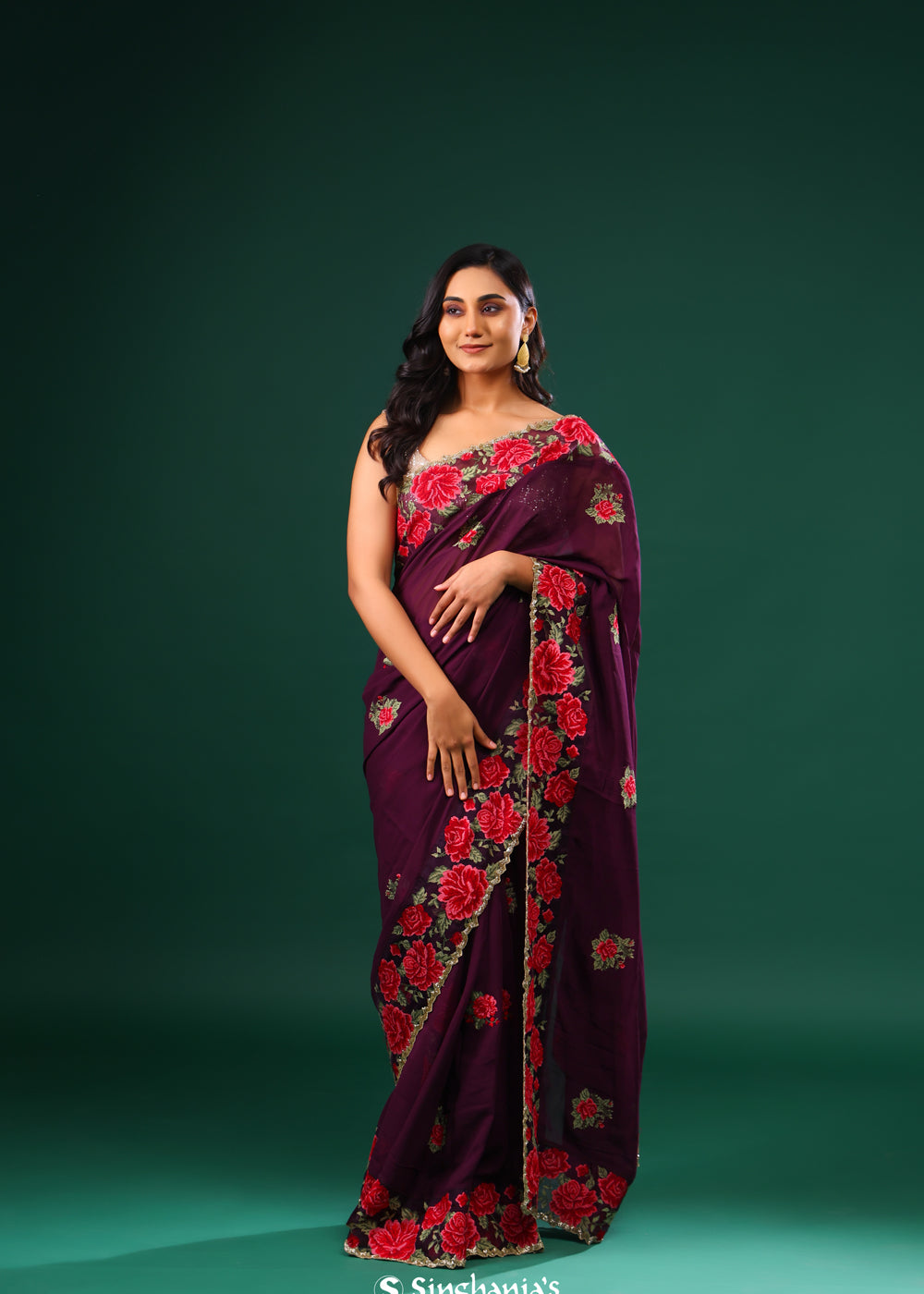 Byzantium Purple Georgette Saree With Floral Embroidery