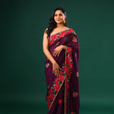 Byzantium Purple Georgette Saree With Floral Embroidery