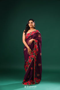 Byzantium Purple Georgette Saree With Floral Embroidery