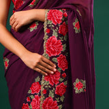 Byzantium Purple Georgette Saree With Floral Embroidery