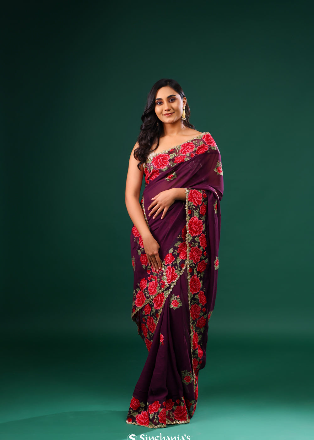 Byzantium Purple Georgette Saree With Floral Embroidery