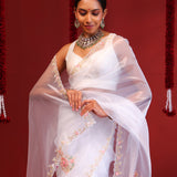 Bright White Handcrafted Organza Saree