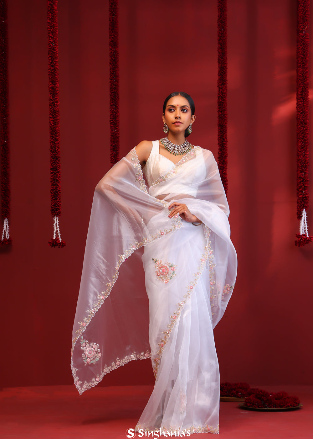 Bright White Handcrafted Organza Saree