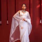 Bright White Handcrafted Organza Saree