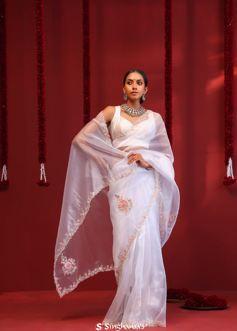 <img> Bright White Handcrafted Organza Saree
