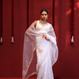 Bright White Handcrafted Organza Saree