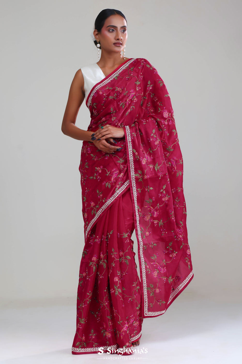 Rubine Red Crafted Organza Saree
