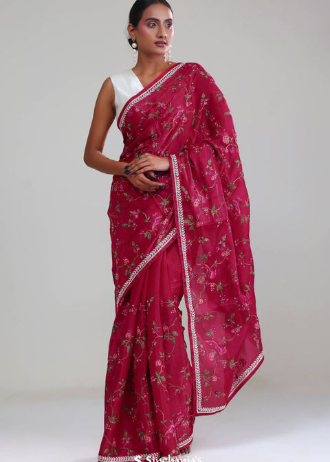 <img> Rubine Red Crafted Organza Saree