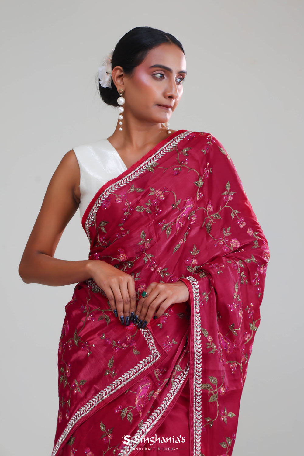 Rubine Red Crafted Organza Saree