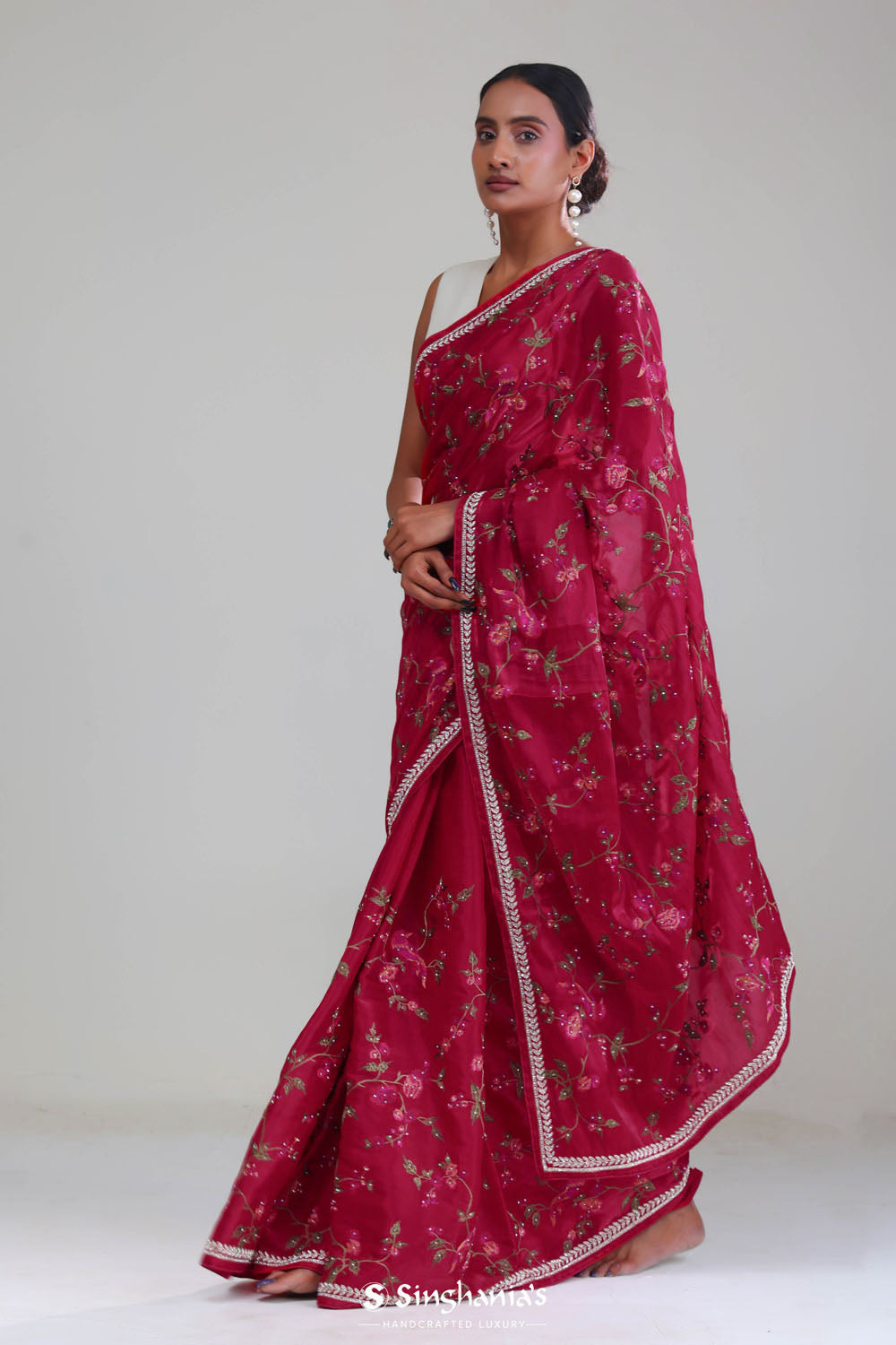 Rubine Red Crafted Organza Saree