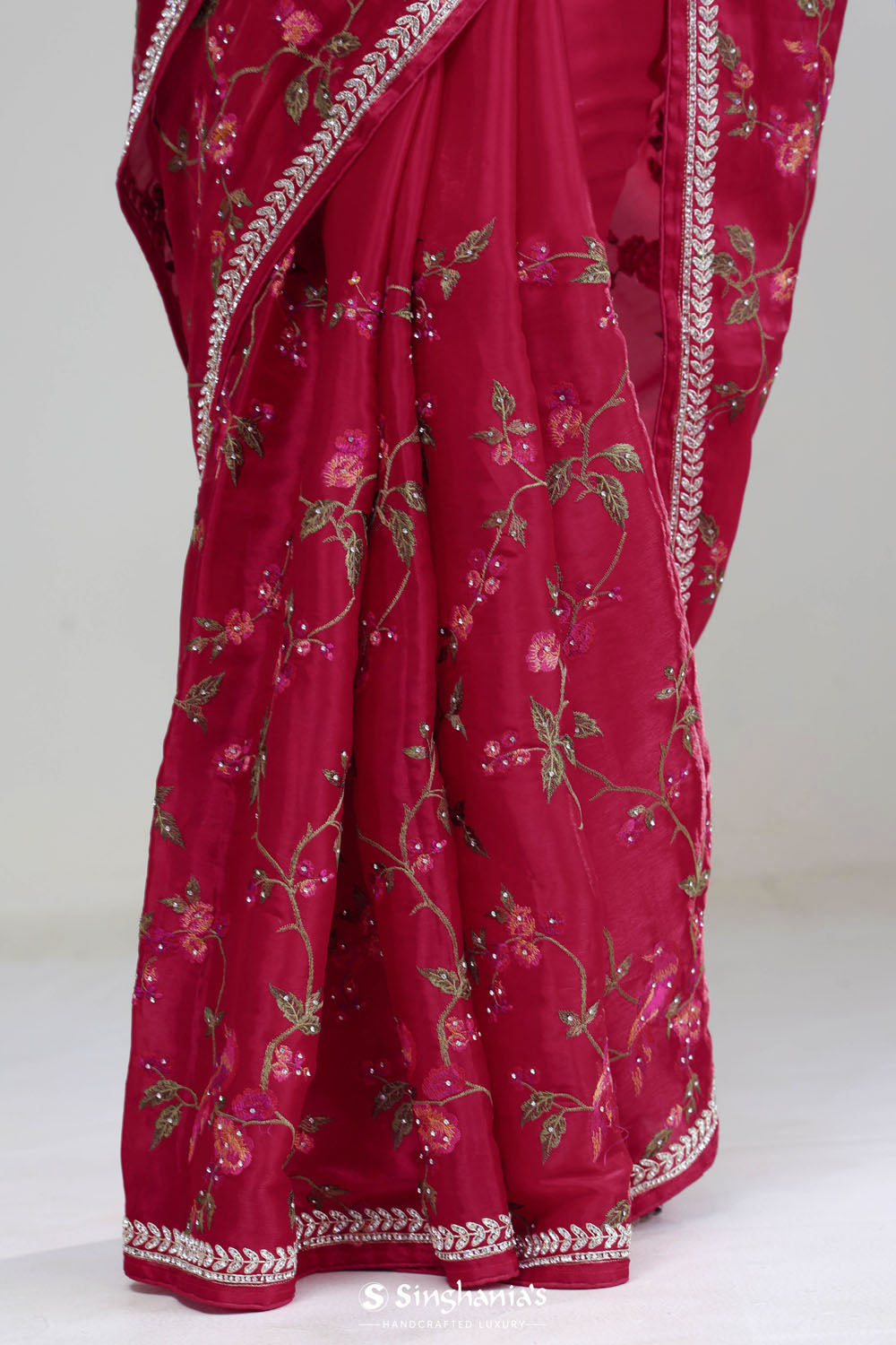 Rubine Red Crafted Organza Saree