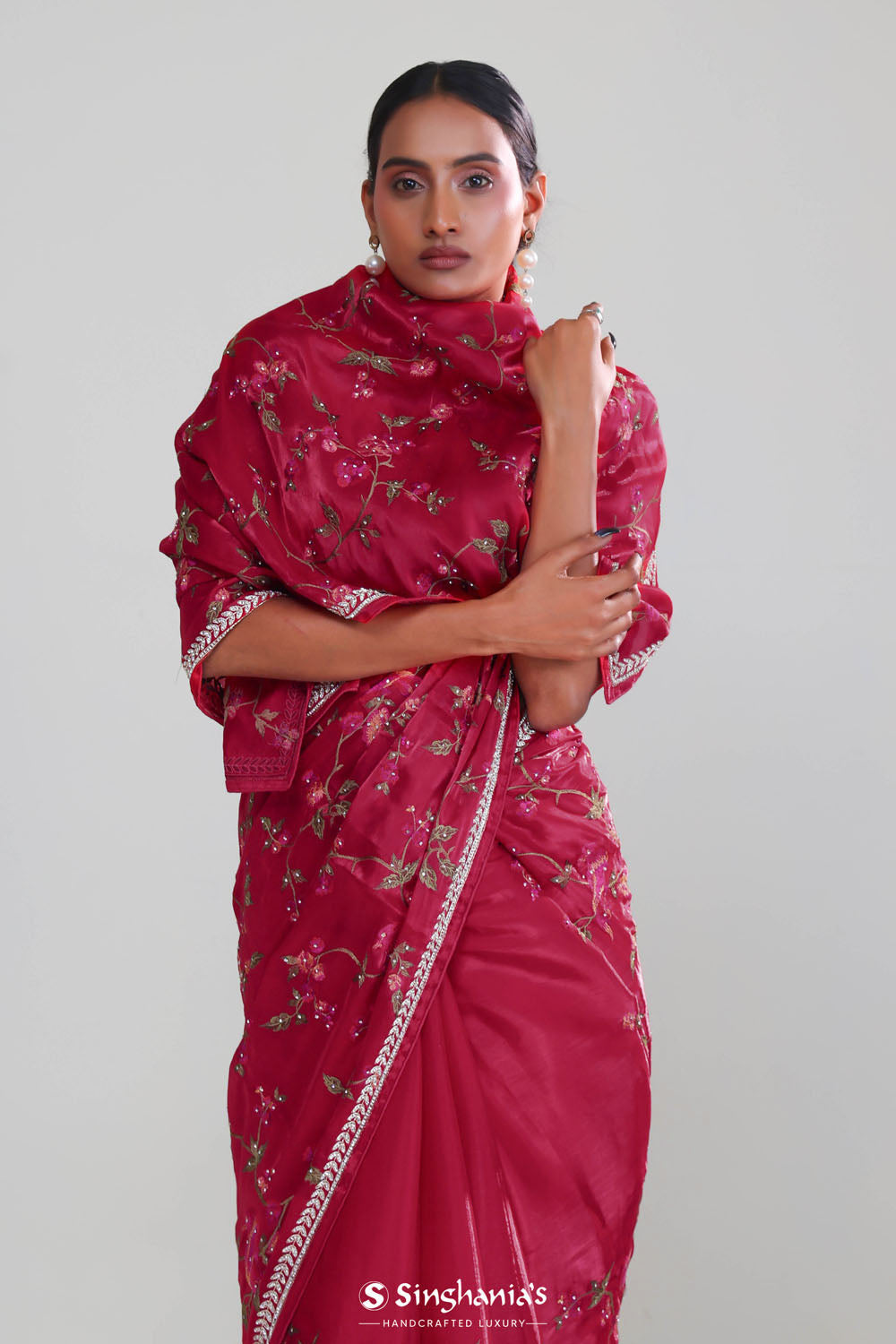 Rubine Red Crafted Organza Saree