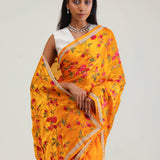 Amber Yellow Jaali Crafted Organza Saree