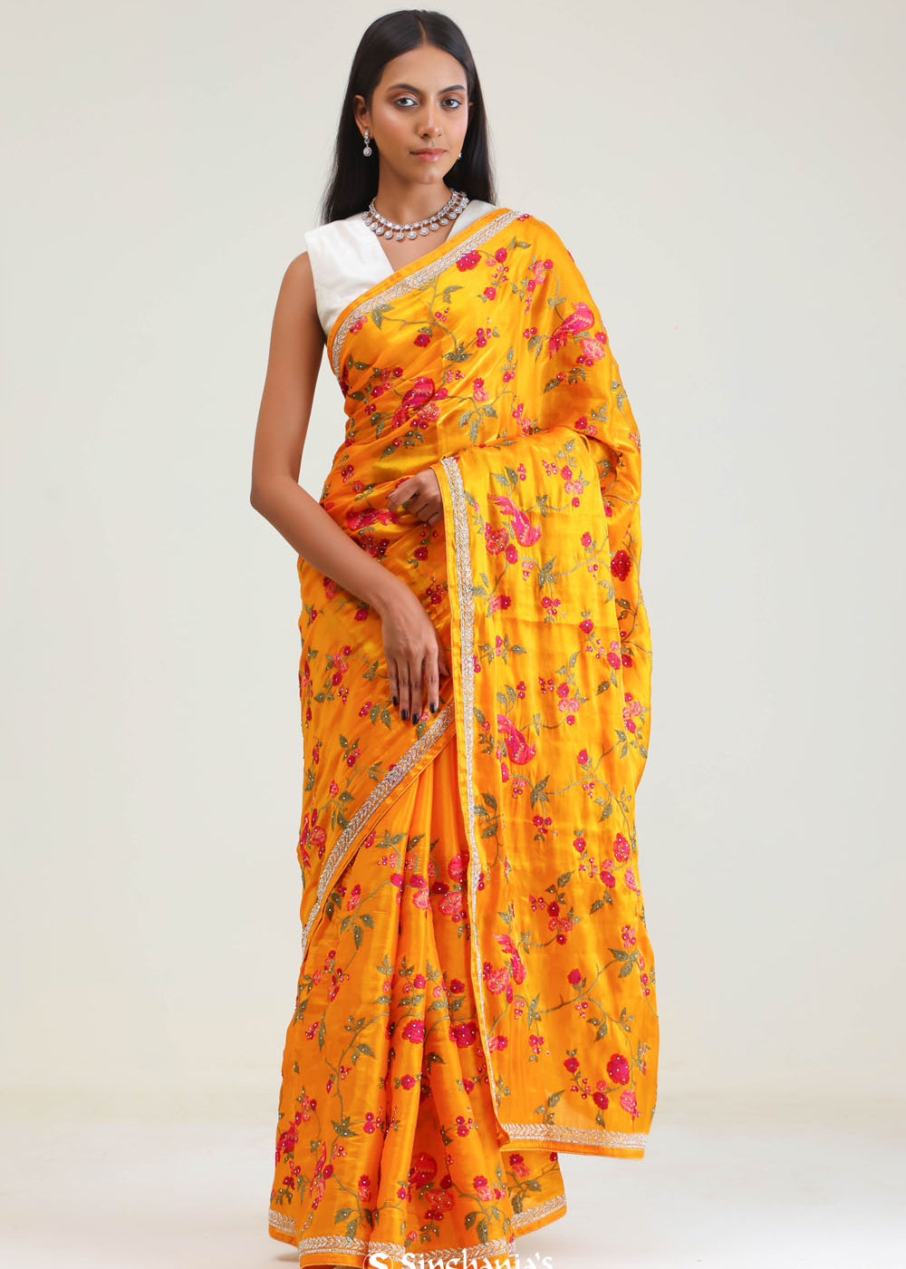 Amber Yellow Jaali Crafted Organza Saree