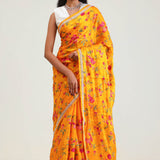 Amber Yellow Jaali Crafted Organza Saree