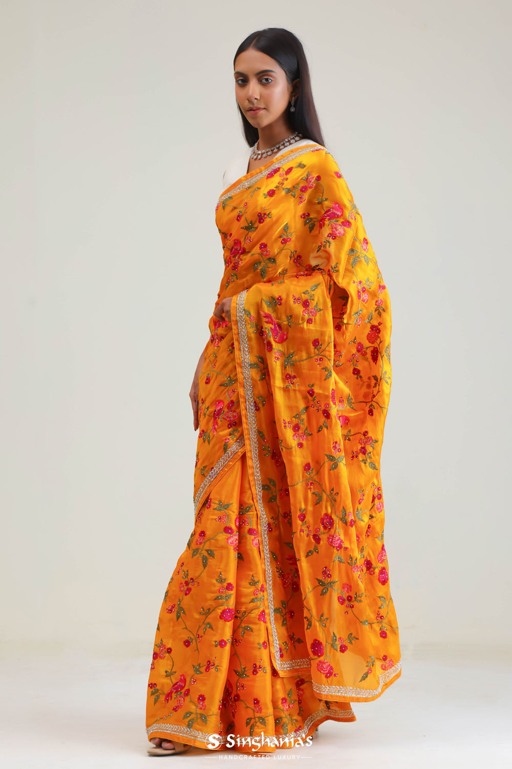 Amber Yellow Jaali Crafted Organza Saree