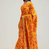 Amber Yellow Jaali Crafted Organza Saree
