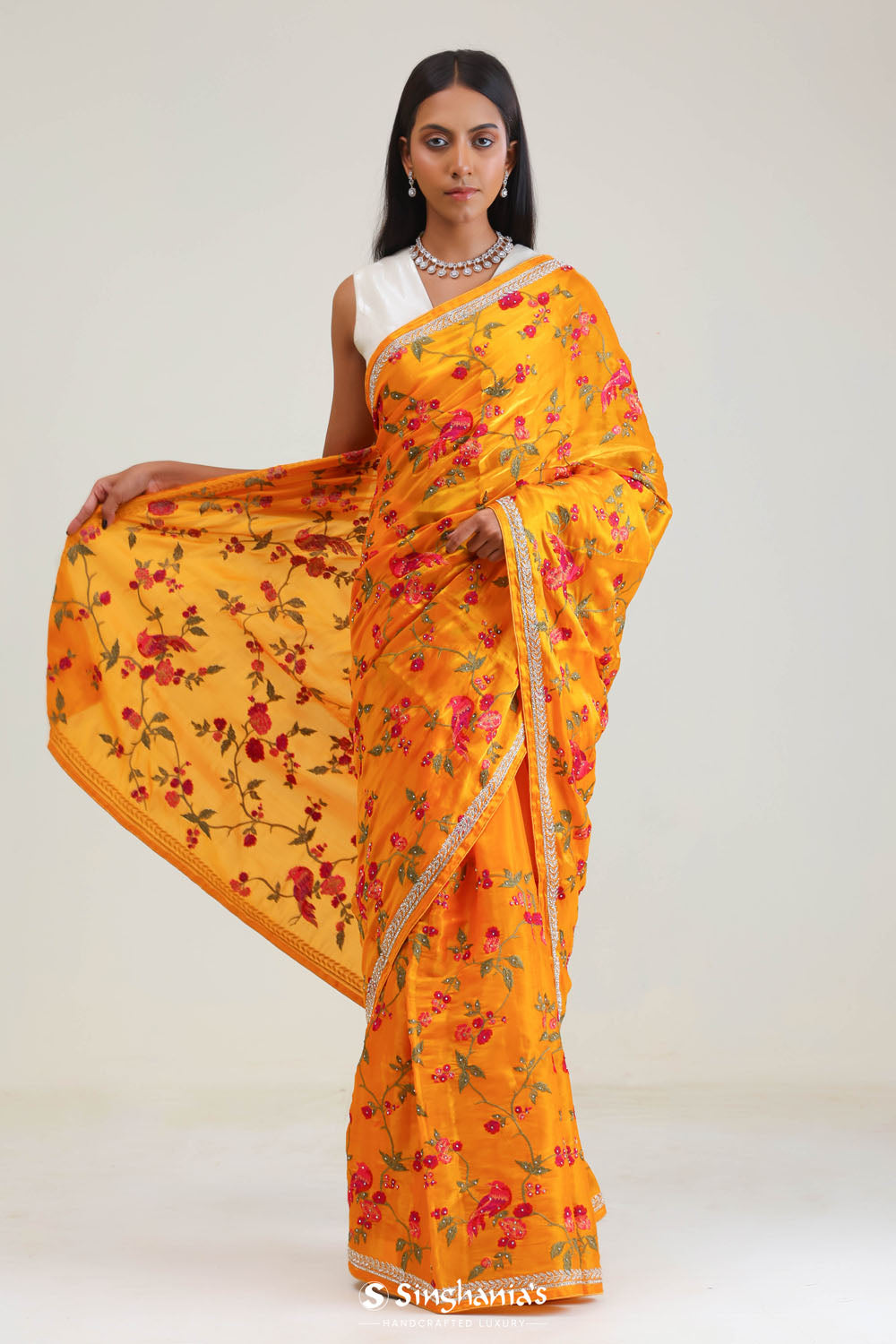 Amber Yellow Jaali Crafted Organza Saree