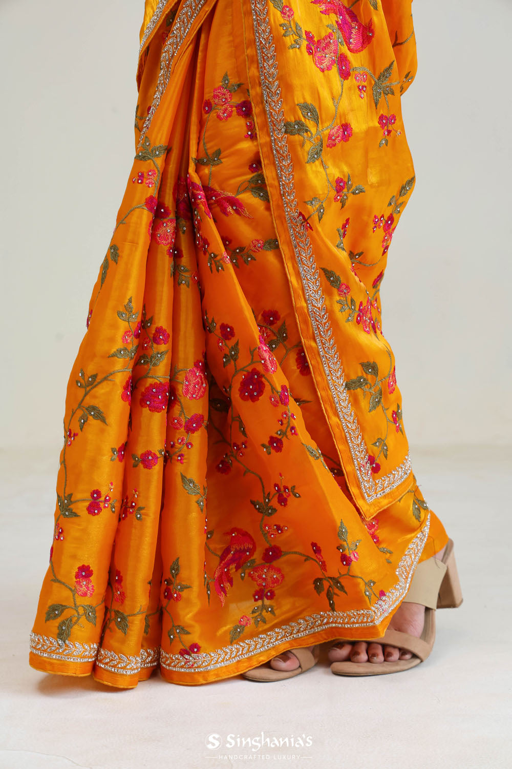 Amber Yellow Jaali Crafted Organza Saree