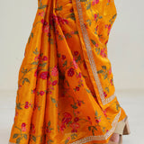 Amber Yellow Jaali Crafted Organza Saree