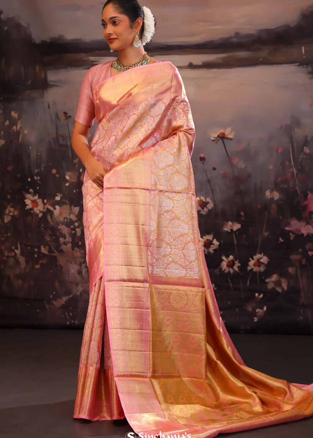 Sweet Pink Kanjivaram Silk Saree With Florals