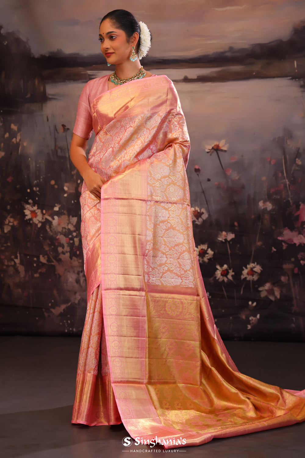 Sweet Pink Kanjivaram Silk Saree With Florals