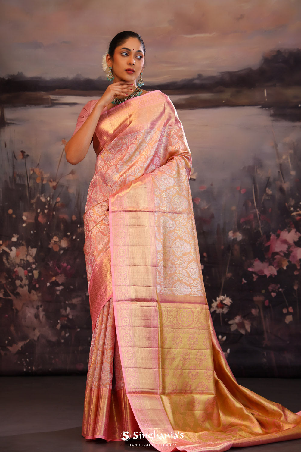 Sweet Pink Kanjivaram Silk Saree With Florals