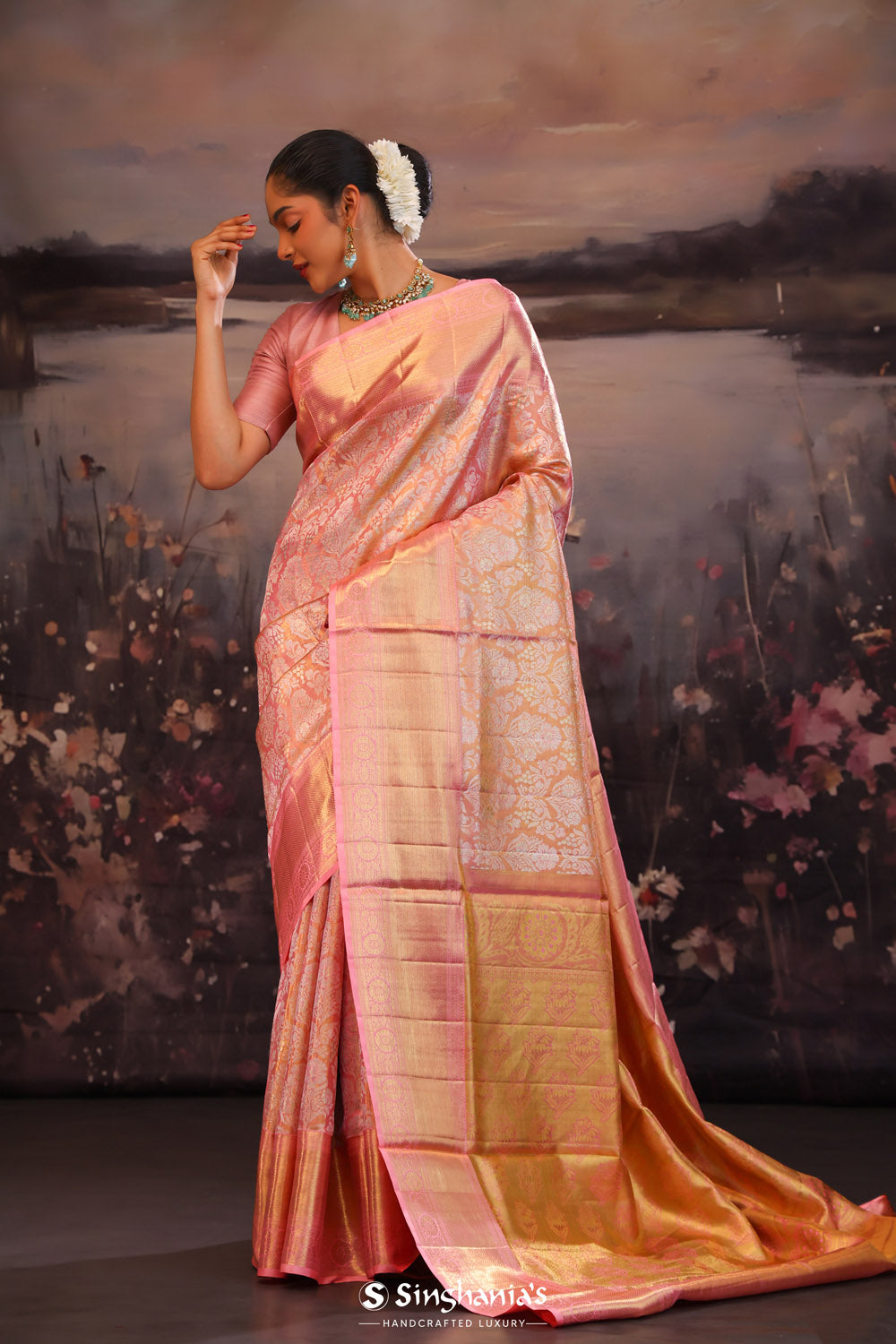 Sweet Pink Kanjivaram Silk Saree With Florals