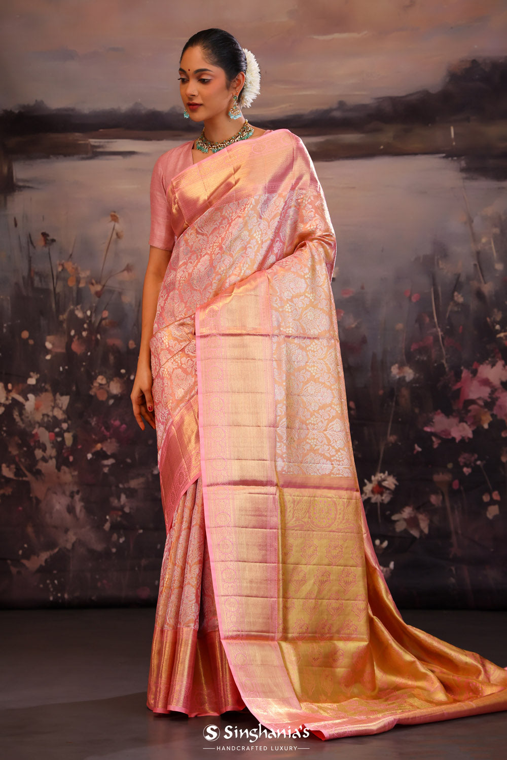 Sweet Pink Kanjivaram Silk Saree With Florals
