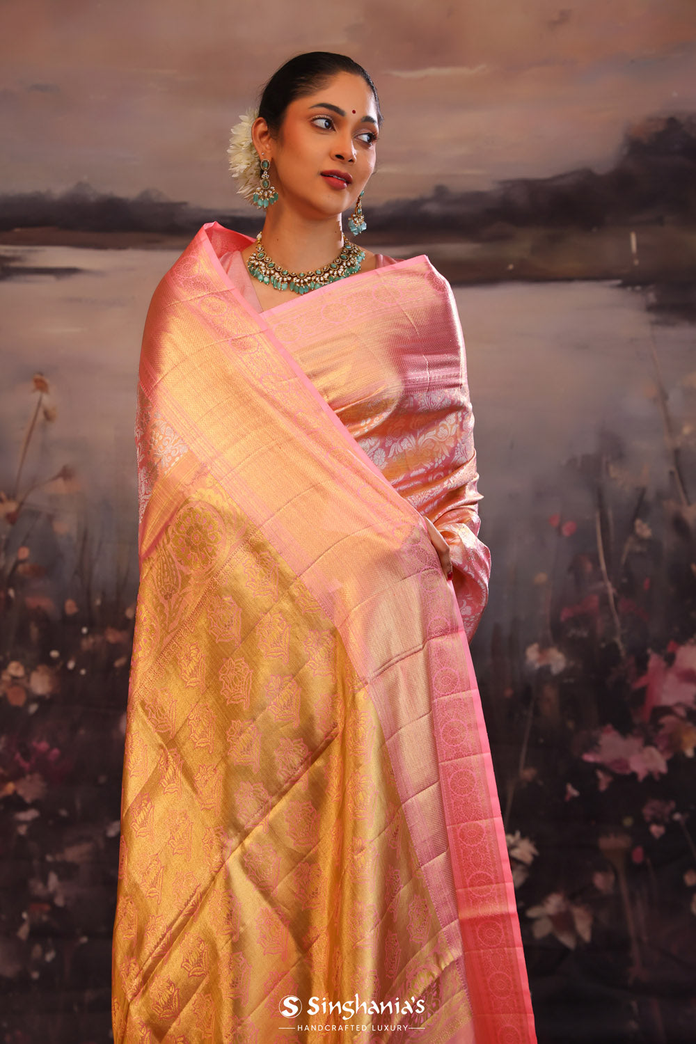 Sweet Pink Kanjivaram Silk Saree With Florals