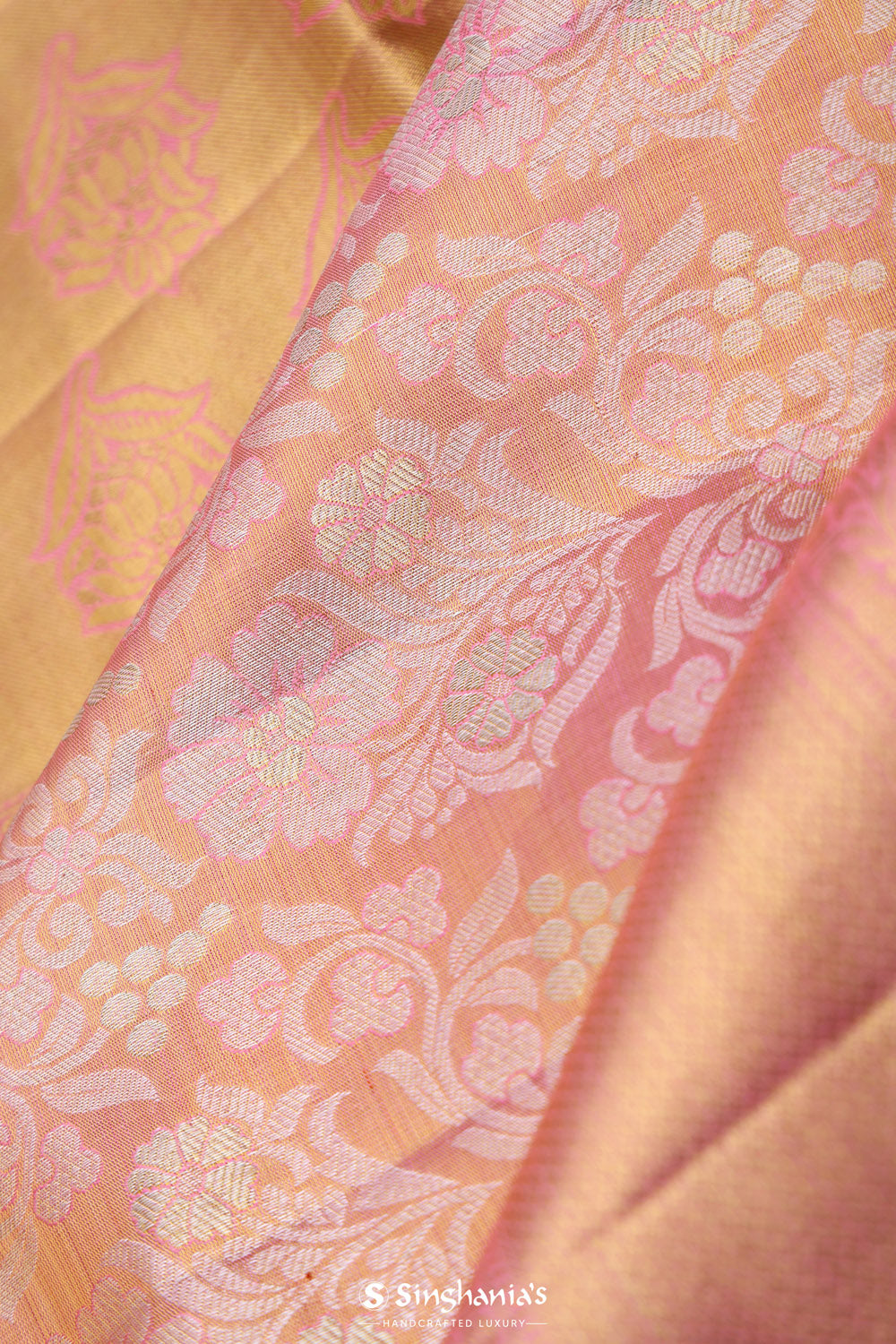 Sweet Pink Kanjivaram Silk Saree With Florals