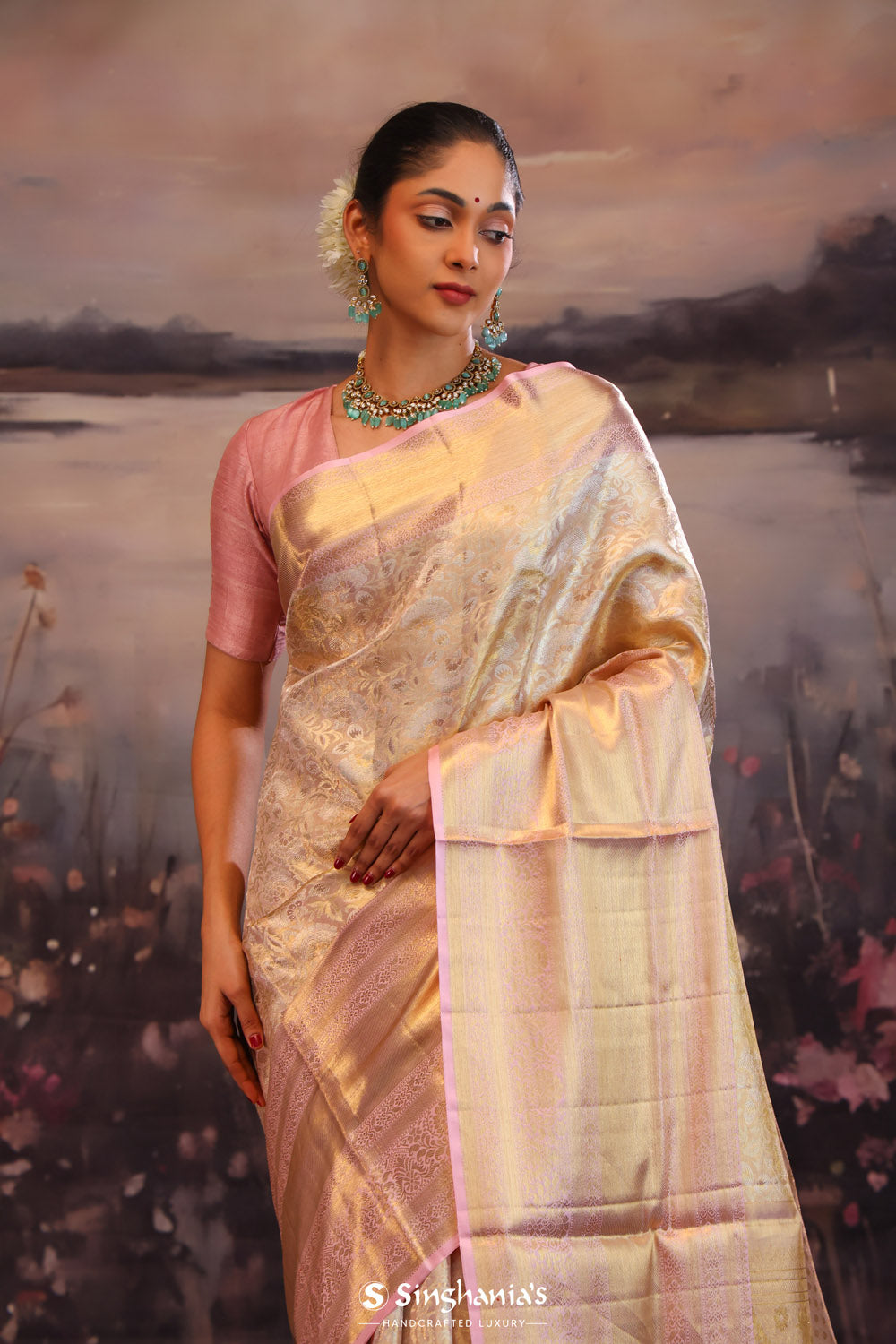 Champagne Gold Jaal Kanjivaram Silk Saree