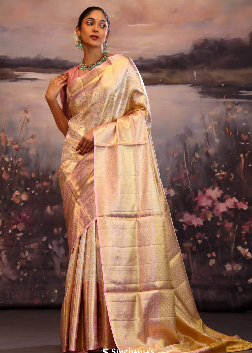Champagne Gold Jaal Kanjivaram Silk Saree