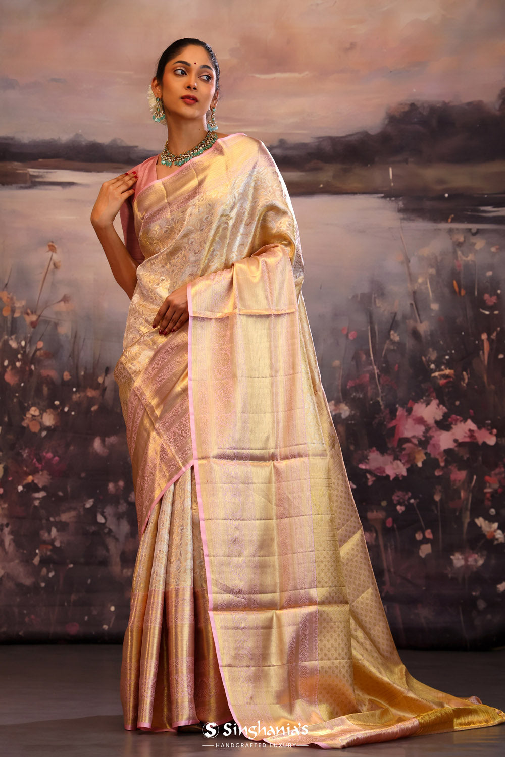 Champagne Gold Jaal Kanjivaram Silk Saree