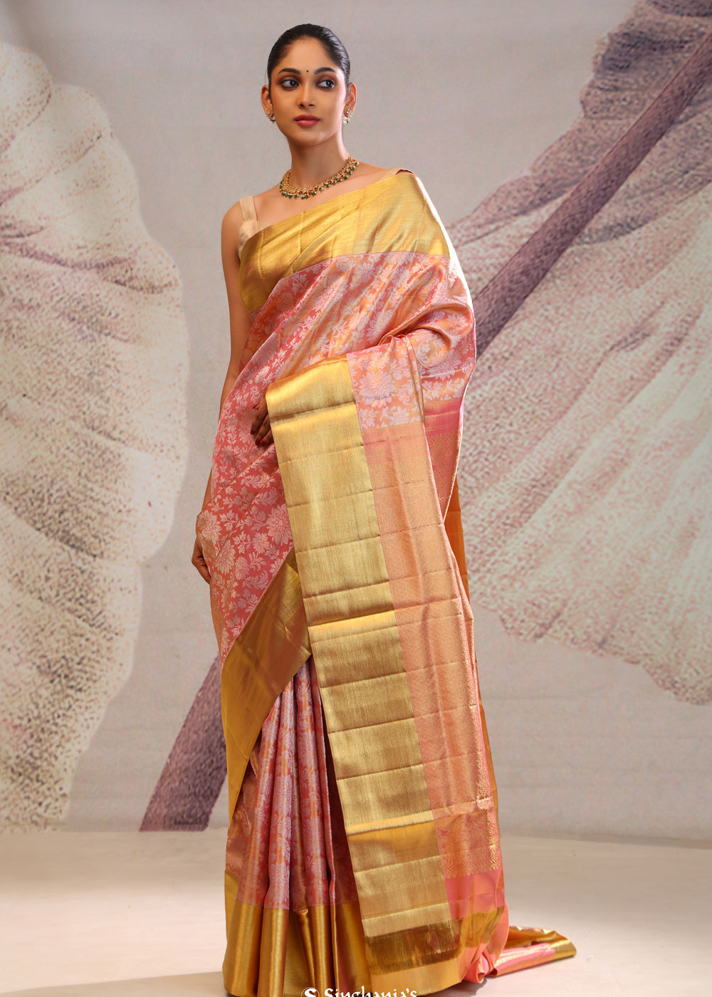 Malibu Peach Jaal Kanjivaram Silk Saree