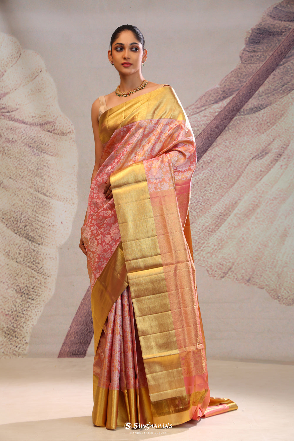 Malibu Peach Jaal Kanjivaram Silk Saree
