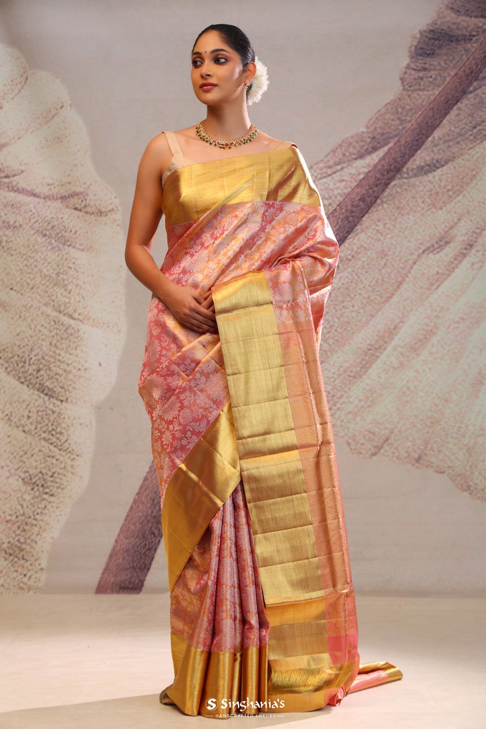 Malibu Peach Jaal Kanjivaram Silk Saree