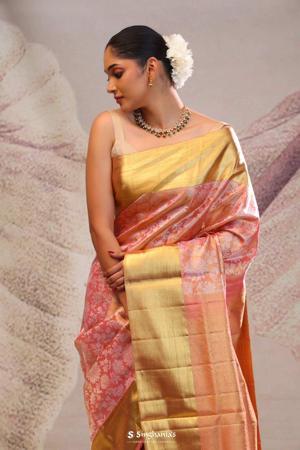 Malibu Peach Jaal Kanjivaram Silk Saree