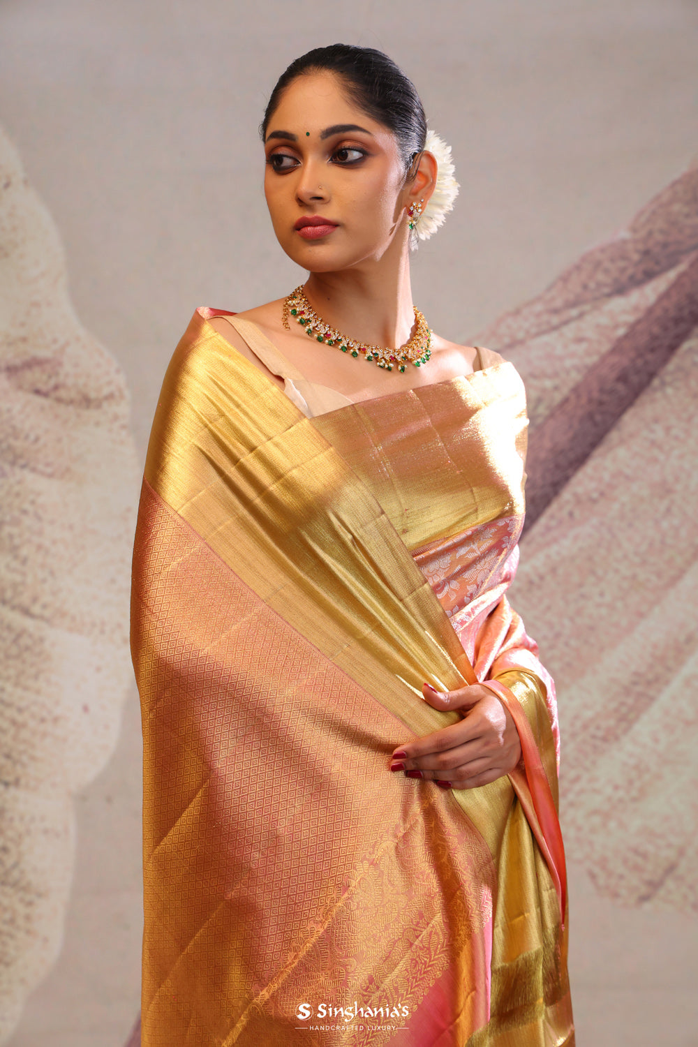 Malibu Peach Jaal Kanjivaram Silk Saree
